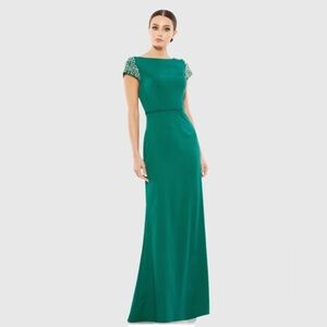 Mac Duggal 55718 NWT BEADED CAP SLEEVE BATEAU COLUMN GOWN